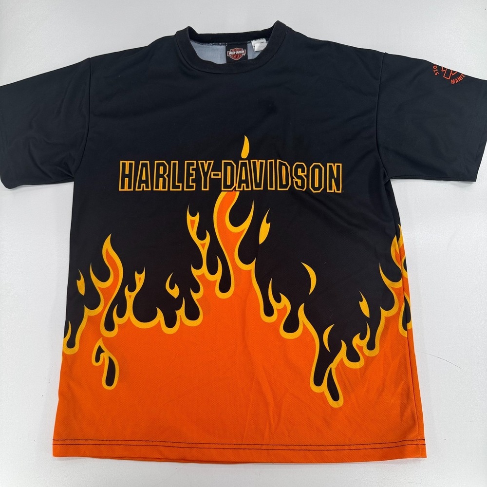 Harley Davidson Motorcycles T Shirt MENS Black Orange Flames Wrap Around SIZE L